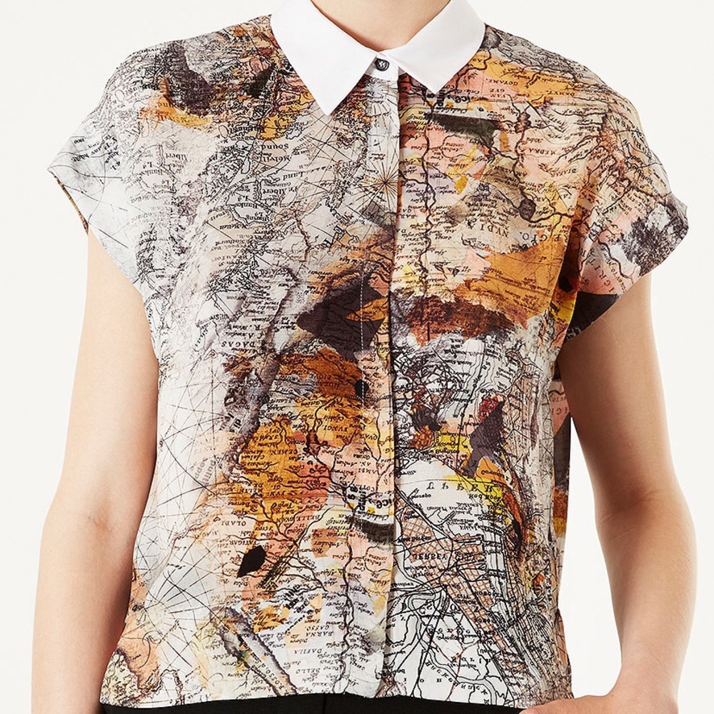 Topshop World Map Collared button down Crop Top